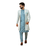 Stunning Mirror Embroidered Sky-Blue Open Sherwani with Turquoise Blue Kurta Pajama for Men - Father Son Combo | Jaipurio